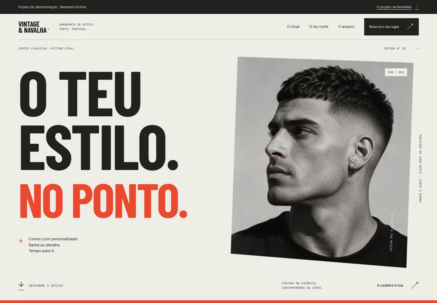 Página inicial da barbearia conceptual, com grandes títulos e retrato editorial