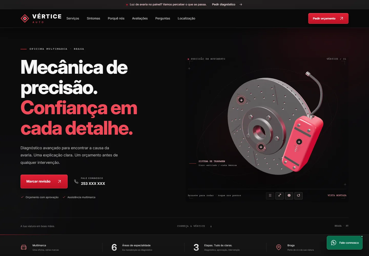 Página inicial da oficina conceptual, com título em vermelho e um sistema de travagem em 3D