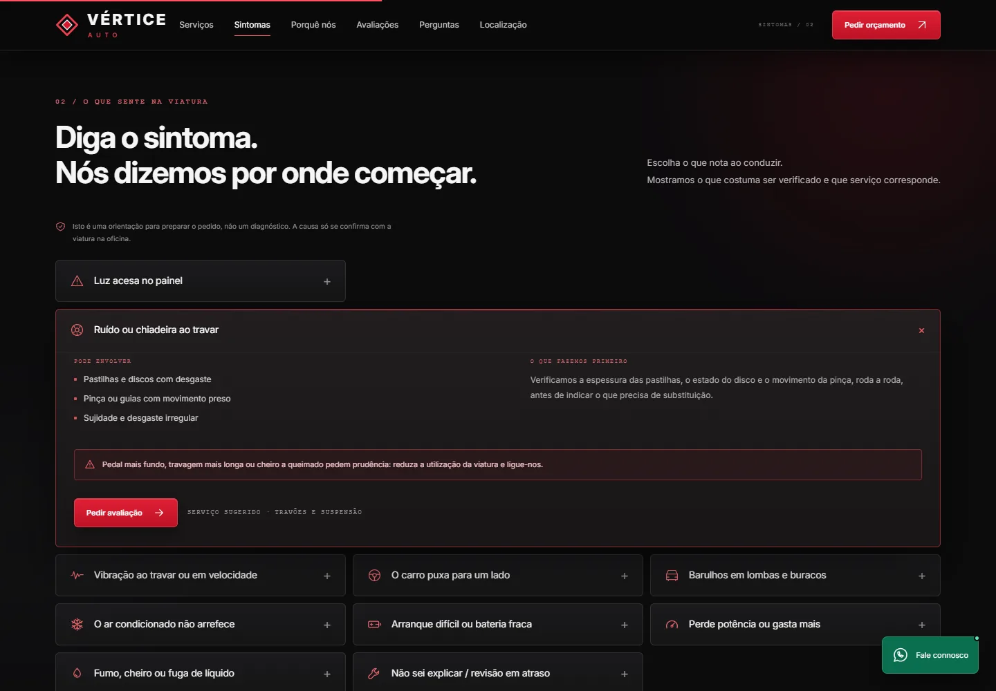 Triagem de sintomas da oficina conceptual, com uma ficha aberta sobre ruído ao travar e o serviço sugerido